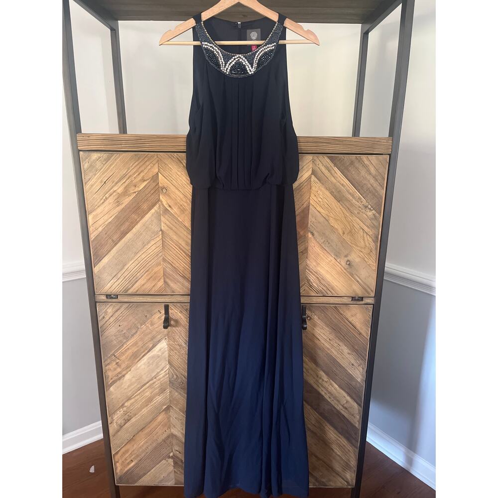 Vince Camuto Formal Maxi Gown‎ Size 6 Sleeveless Navy Blue Beaded Neckline